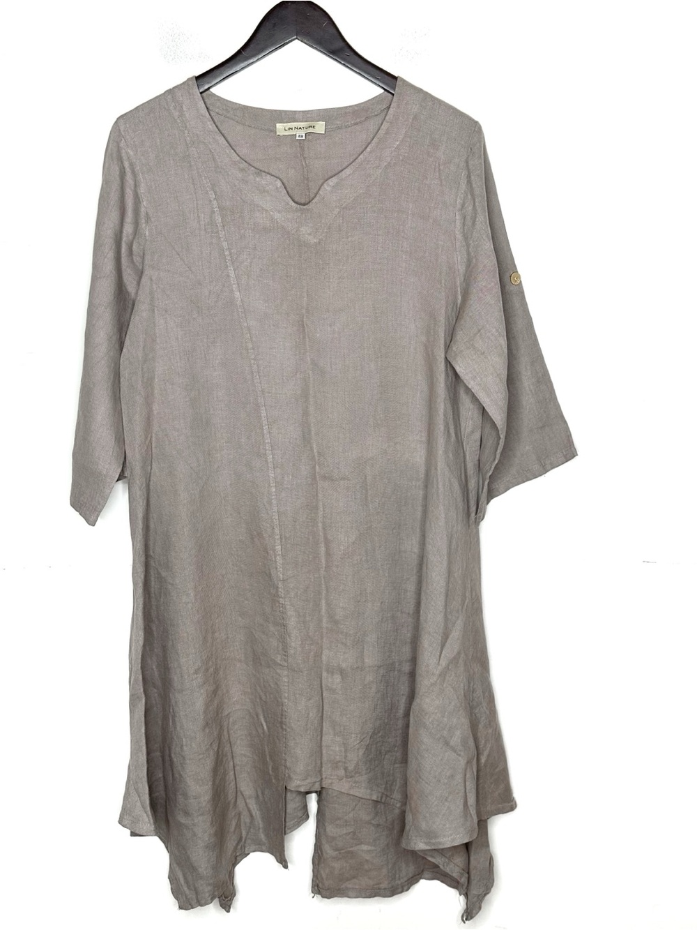 LIN NATURE Tan Italian Linen Asymmetrical Hem Lagenlook Roll up sleeve